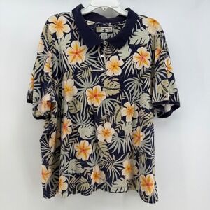 Caribbean Joe Polo Shirt Women 3X Navy Blue Tropical Floral Cotton Resort Casual